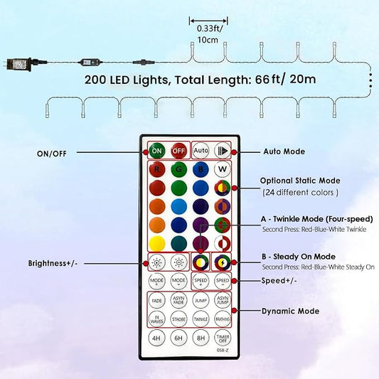 Smart Color Changing Christmas Lights String with Remote 66FT 200 LED RGB | Remote Control, 8 Modes, Timer, Adjustable brightness, Waterproof Lights for Indoor Outdoor Classroom Christmas Decor