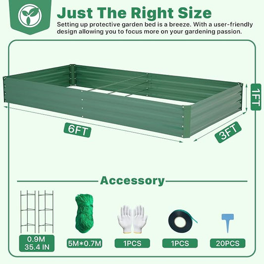 ONCEMORE Galvanized Raised Garden Bed for Vegetables Flowers Herbs, Metal Raised Garden Bed Kit with 2 PCS Tomato Cage, Gloves, Trellis Netting, Plant Labels, Plant Ties, Green 6×3×1FT