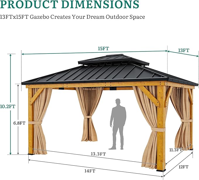 YITAHOME 13x15ft Wood Gazebo Outdoor Wooden Frame Double Roof Hardtop | Galvanized Steel Top Canopy w/Curtain and Netting, Patio Heavy Duty Gazebo for Deck, Backyard, Beige Yellow