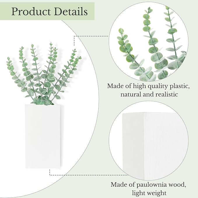Dahey 2 Pack Wood Wall Planter Vase with Artificial Eucalyptus Farmhouse Wall Hanging Decor Pocket Planter for Indoor Fake Plants Greenery Flowers Living Room Bedroom Kitchen Home Decoration, White