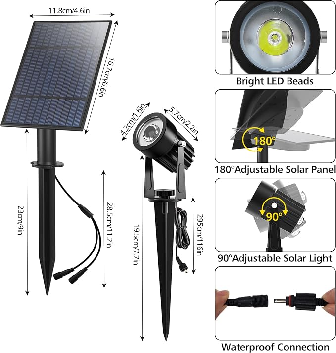 T-SUN 2W Solar Spotlights, LED Solar Powered Landscape Lights Outdoor Waterproof Solar Security Wall Lights Auto ON/Off Dual Head Light for Garden Yard Patio(Cold White)