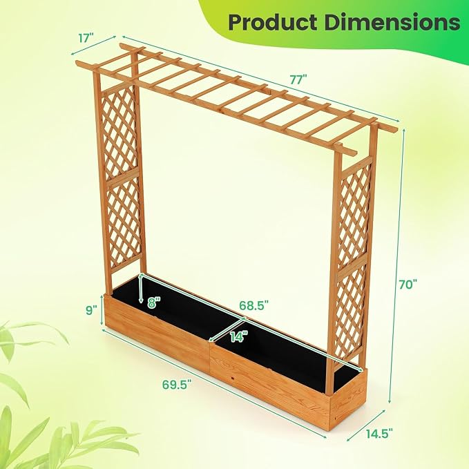 Giantex Raised Garden Bed with Trellis & Hanging Roof, 77" Wooden Elevated Planter Box w/Drainage Holes, Freestanding Garden Planter for Climbing Plants Vegetable Herb Flower, Patio Backyard Garden