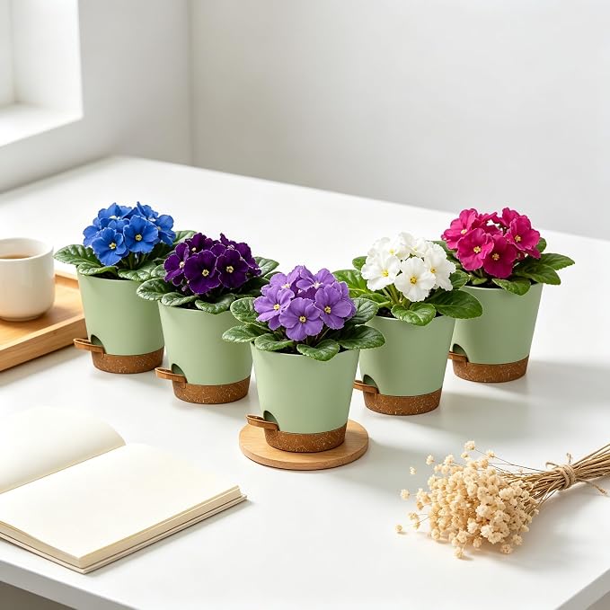 5 Pack 5 Inch African Violet Pots Self Watering, Self-Watering Planters with Drainage Holes & Reservoir, Green Brown Plastic Pots for Indoor Outdoor Plants, Succulents & Flowers