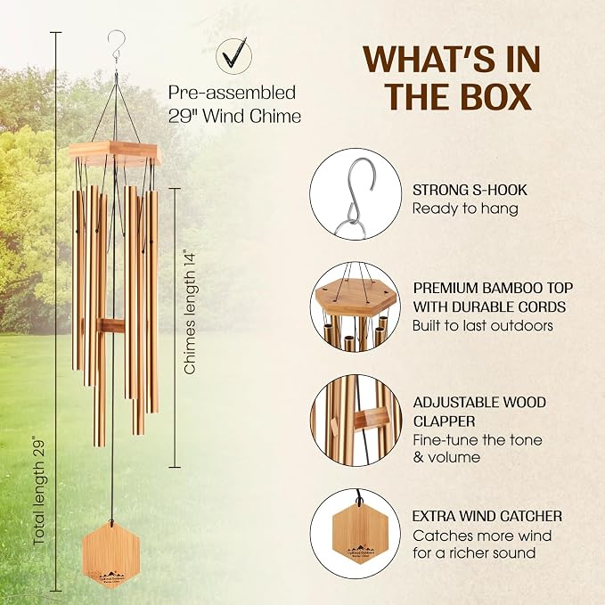 Bronze Wind Chimes for Outside, 29 Inch Hand Tuned G Major Pentatonic Wind Chime, Memorial Sympathy Gift for Loss of Loved One, Deep Tone Aluminum Bamboo Garden Patio Porch Decor