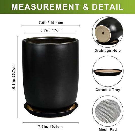 Ceramic Planter 8 Inch - Plant Pot for Indoor Outdoor Plants Cylinder Flower Pot with Drainage Hole and Saucer Black