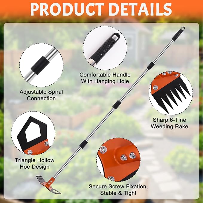 Weed Puller Tool with Long Handle, 60" Manual Weed Remover Tool, 2-in-1 Weeder Rake and Hoe Garden Tool, Uprooting Weeding Tool for Yard, Lawn, Patio, Garden