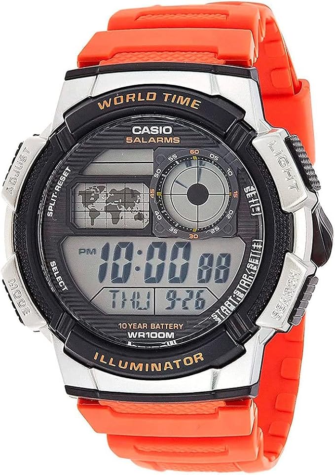 Casio AE1000W Series | Men’s Digital Watch | 100M WR | Multi Alarms | 100 SEC Stopwatch | Countdown Timer | World Map for World Time | LED Light | LC Analog Display | 10 Year Battery