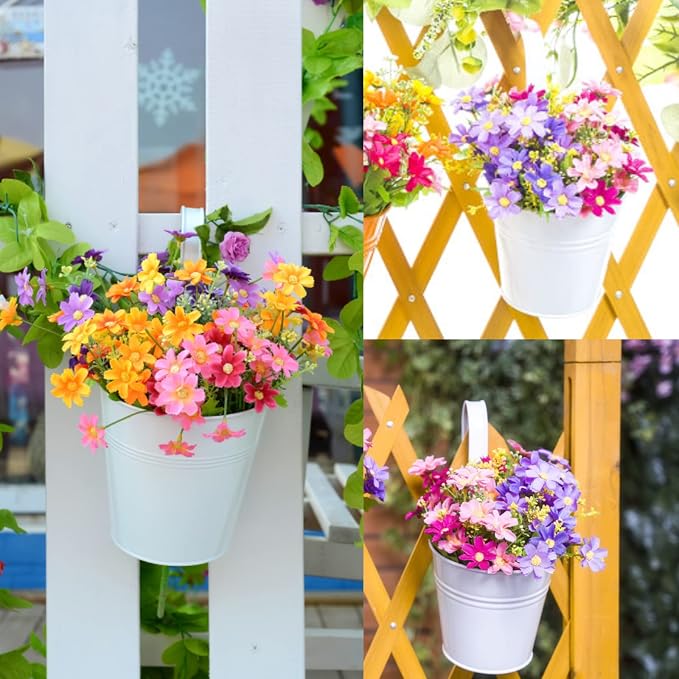 KINGLAKE Flower Pots,10 Pcs Metal Iron Hanging Flower Plant Pot Balcony Garden Plant Planter Baskets Fence Bucket Pots 6.3'' Flower Holders with Detachable Hook White