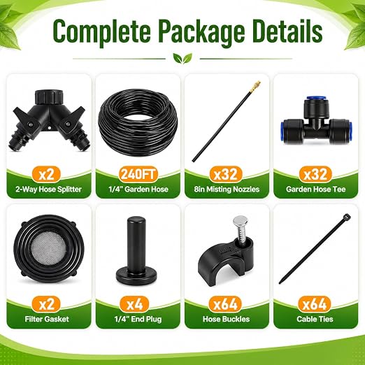 240Ft 1/4" Drip Irrigation System, 360° Adjustable Copper Nozzles, Save 80% Watering System for Garden, Upgraded DIY Kit for Outdoor Plants, Raised & Flower Beds, Landscape, Greenhouse, Yard