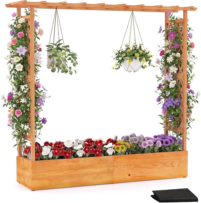 S AFSTAR 77-Inch Raised Garden Bed with Arch Trellis, Hanging Roof & Drainage Holes, Vertical Plant Container for Vine Climbing Plant Flower, Indoor Outdoor Wood Elevated Planter Box for Garden