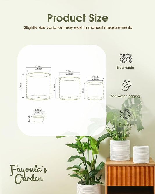 Fayoula Ceramic Planter, 10+8+6 Inch Plant Pots, Modern Striped Indoor/Outdoor Flower Pots for Succulents, Herbs, Home Office & Patio - Includes Mesh Pads & Saucer, Set of 3 