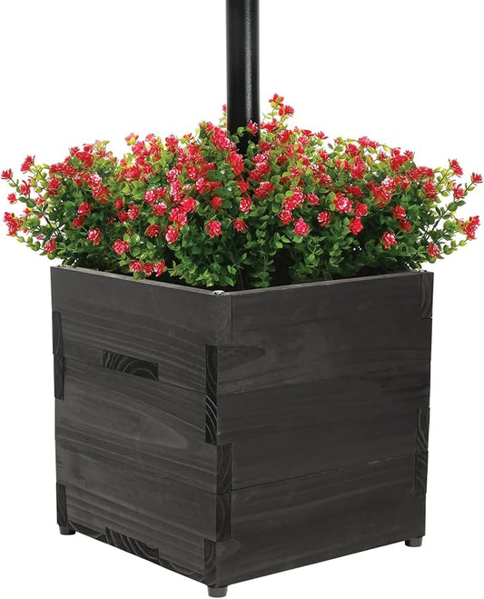 Large Decorative Wooden Planter w/ Universal Pole Support for String Light Poles, Umbrellas, Bird Feeders. Solid Wood Outdoor Garden Patio Box for Plants(Does not include Pole), 14"x14"x14", Black