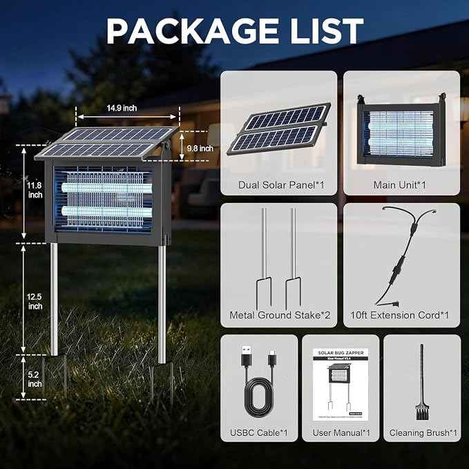 Solar Bug Zapper Outdoor-4500V Mosquito Zapper Outdoor Fly Killer-with Dual Adjustable Solar Panel Waterproof-Portable Electric Fly Trap for Patio, Garden, Backyard, and Camping