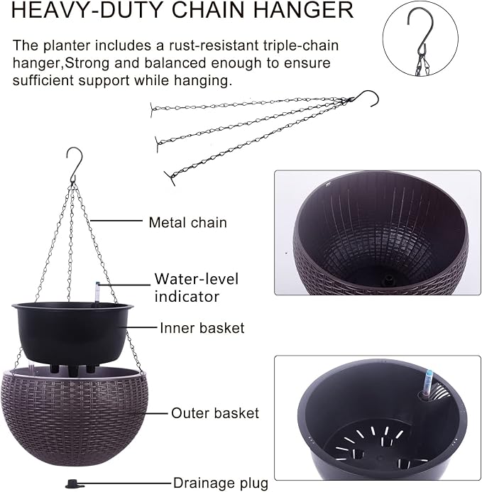 Vencer 11 Inch Round Resin Rattan Hanging Planters,Coffee,VF-A15-C | Self Watering,Drain Hole,Metal Chain,Water Indicator,Indoor Outdoor