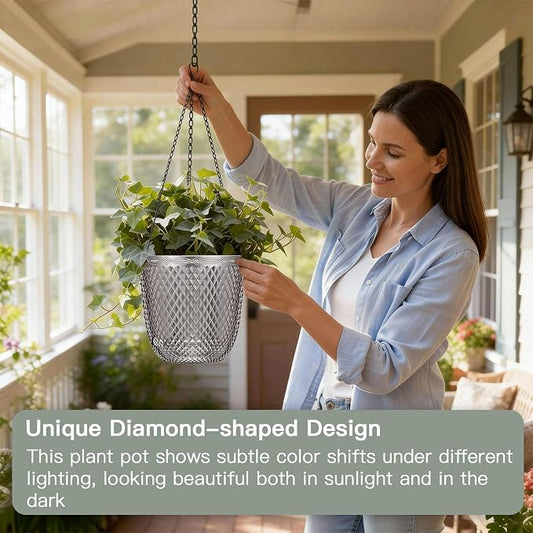 QCQHDU Hanging Planters for Indoor Plants, 2-Pack, 7.2 Inch, Gray | Plastic, Self Watering Plant Hanger, with Drainage Holes, 3 Hooks Chains, For Garden Home