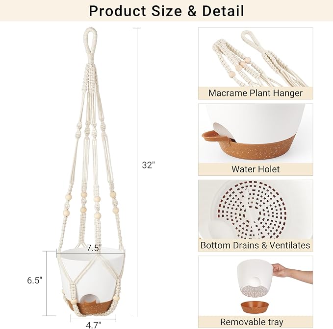 Mkono 7.5 Inch Hanging Planters, Macrame Plant Hangers with Self Watering Plant Pots Indoor Set of 2 Hanging Baskets Flower Pot Holders with Hooks No Tassels for Boho Home Decor, Ivory
