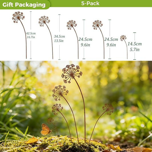 KODIBO 5-Pack Metal Yard Stakes, Rustic Dandelion Outdoor Yard Art Decor | Weather-Resistant Metal, Antique Rust Finish, Dandelion Design, For Lawn Border Planters Patio Lawn & Front Yard Landscaping