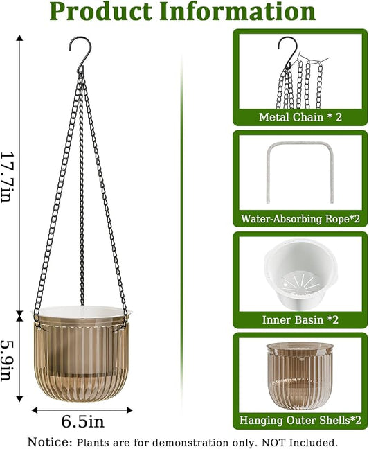 Halatool 2 Pack 6.5 Inch Self-Watering Hanging Planters for Indoor Plants, Outdoor Flower Pots with 2 Metal Chains, Visible Water Level Indicator & Drainage Holes for Wall, Garden, Home (Starry Gray)
