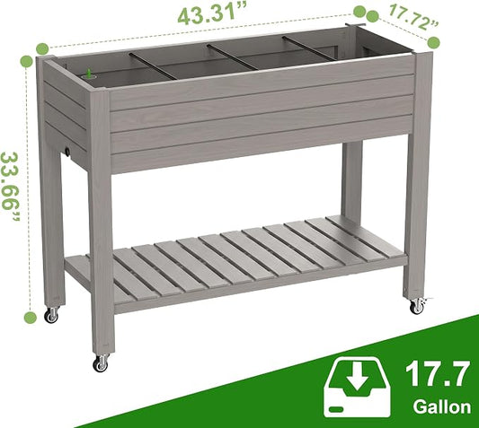 Elevated Resin Raised Garden Bed, 33.7in Height Raised Planter Box with Drainage Holes, Lockable Rotating Wheels & Bottom Storage Shelf, Stake Support, Easy Assembly for Patio Lawn Backyard Balcony