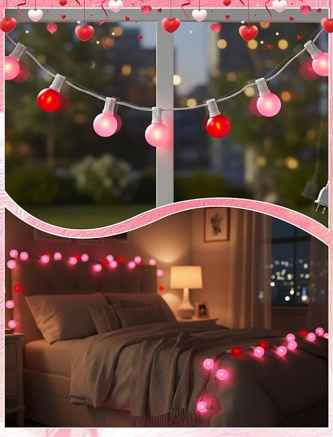 LED Valentine’s Day String Lights, 25Ft Valentines Decorations Outdoor | 25+2 G40 Round Bulbs, Connectable, Shatterproof Hanging Indoor Fairy Lights for Wedding Date Patio, Frosted Red Pink