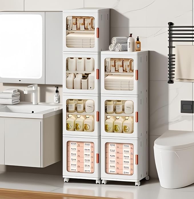 4-Tier Tall Narrow Bathroom Storage Cabinet for Small Space,White | Quick Assembly,Foldable,Plastic Organizers,Magnetic Doors,Adjustable Shelves,Slim Storage Cabinet,Wheels