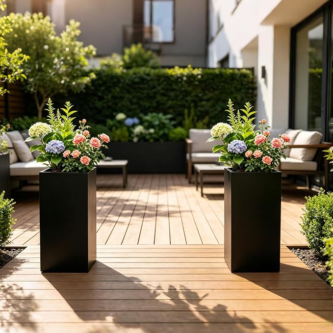 Tall Metal Planter Box for Outdoor Plants 2 Pack, 15" L x 15" W x 30" H Large Steel Planter Box with Removable Insert Shelf, Rectangular Planter for Porch, Patio, Garden, Backyard