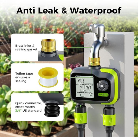 Sprinkler Timer, Brass Inlet Programmable Watering Timer for Garden Hose Fits 3/4” US Faucet, Outdoor Auto& Manual Hose Timer w/Rain Delay& Lock, Dirp Irrigation for Lawn, Yard, 2 Outlets
