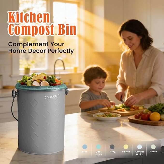 AOSION Countertop Compost Bin Kitchen,Odorless Indoor Compost Bin with Lid | 1 Gallon Composter Container,Removable Inner Bucket,50 Compost Bags,2 Carbon Filters,ideal for food scraps,coffee grounds