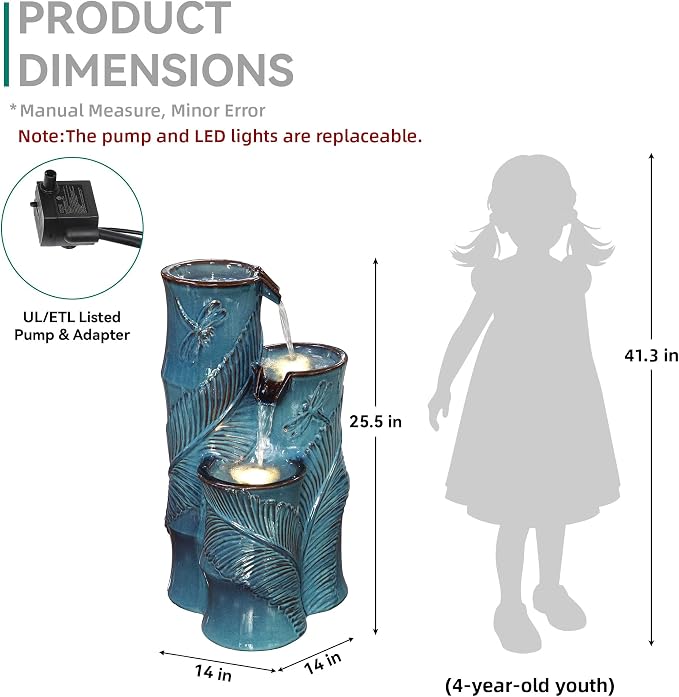 25.5" H Ceramic Outdoor Water Fountain with LED Lights, 3-Tier Cascading Bamboo-Style Water Feature, Teal Blue, Embossed Leaf & Dragonfly Patterns, Tranquil Waterfall for Garden, Patio & Yard