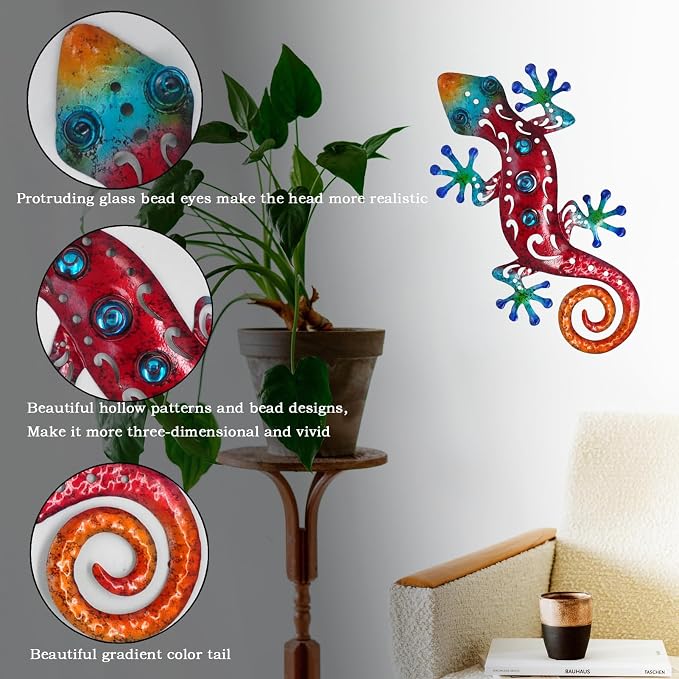TERKEPT Metal Gecko Wall Decor Lizard Outdoor Wall Art Hanging Sculpture Home Decor Outdoor Spring Decor for Front Yard Fence Patio Garden