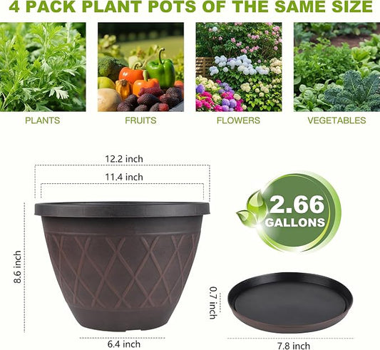 4 Pack 12 Inch Pots for Plants, Decorative Plastic Flower Pots with Drainage Hole & Saucer, Modern Large Planters for Outdoor Indoor Plants, Garden, Balcony, and Home Decor (Brown)