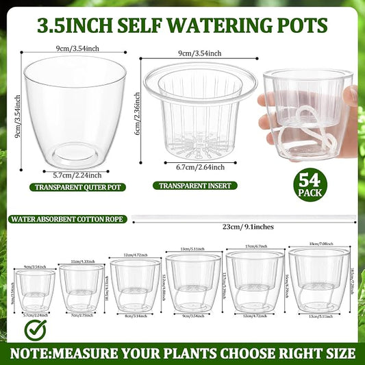 54 Pcs Self Watering Pots, 3.5 Inch Plastic Flower Plant Pot with Inner Pot Self Watering Wick Planter White Clear Flower Pots for Indoor House Plants Herbs, Flowers, Succulents(Transparent)