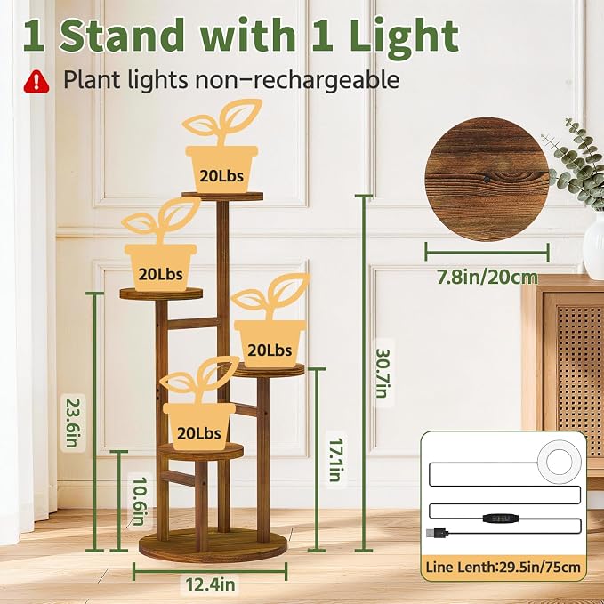 LASZOLA 4 Tiered Wood Plant Stand Indoor Corner with Grow Lights, Flower Holder Rack Tall for Multiple Plants, Rustic Planter Shelf Display for Patio Garden Balcony Living Room, Brown