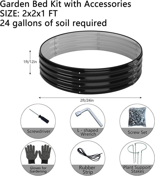 ZFHgarden Galvanized Metal Planter Round Raised Garden Bed Kit for Gardening Outdoor,2x2x1ft 2pc Grow Garden Box Raised Flower Bed,Round Galvanized Planter Outdoor Metal Fire Pit Ring Black