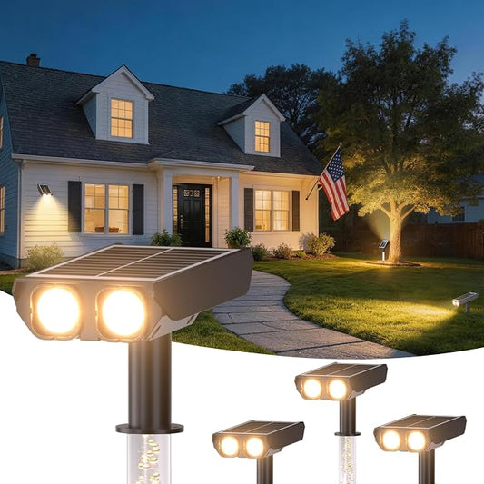 Solar Spotlights Outdoor Waterproof- 2 IN 1 Solar Spot Lights Outdoor with 2 Lighting Modes & PC Light Guide Column for Garden Yard Pathway | Warm Yellow 3000k Spotlights | IP65 Waterproof | 4 Pack