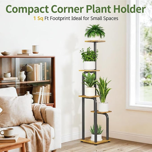 LASZOLA 5 Tiered Plant Stand Tall for Indoor Corner, Modern Multiple Flower Display Rack with Wooden Tray, Vertical Planter Shelf for Living Room Bedroom Patio Garden Balcony, Black Brown