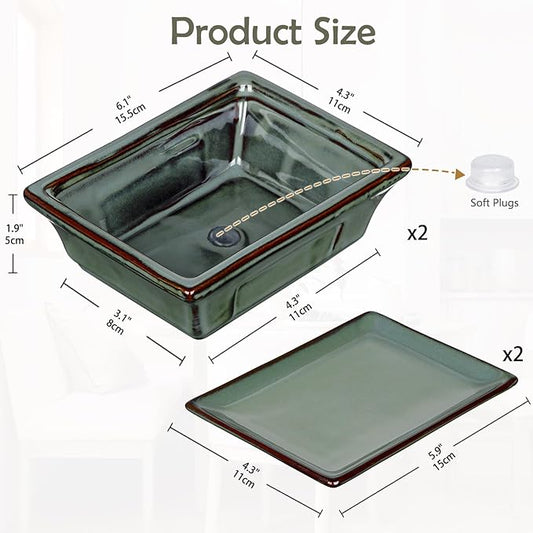 Ceramic Bonsai Pots with Drainage Tray Set of 2, 6 Inch Green Glazed Bonsai Planters for Indoor/Outdoor Use, Shallow Rectangular Bonzai Tree Pots for Succulent, Orchids, Cacti, Home, Patio, Garden