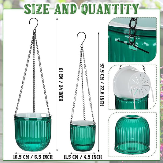Maxcheck 2 Pcs Self Watering Hanging Planters Indoor Gift 6.5'' 4.5'' Hanging Flower Pots Baskets Outdoor Emerald Self Watering Plant with 2 Hooks Drainage Holes for Home