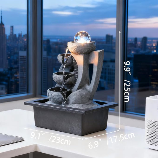 Indoor Tabletop Waterfall Fountain with Spining Orb for Home Office Desk, Gray Rock Resin Zen Water Feature with Soothing Sound for Relaxation & Meditation