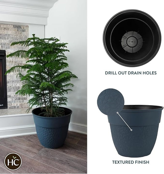 The HC Companies 16 Inch Brookhaven Decorative Round Planter - Lightweight Premium Resin Plant Pot with a Stonelike Texture for Indoor Outdoor Use, Slate Blue