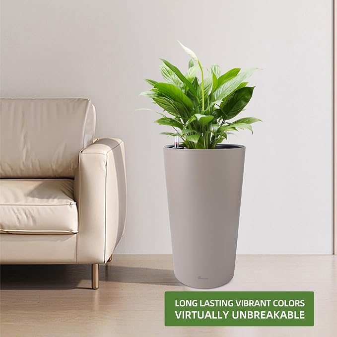 Dexceder 22x13 Self Watering Tall Planter (Taupe Matte) | High Cylinder, Thickened Large Floor Standing Flower Plant Pot with Water Level Indicator Indoor Outdoor
