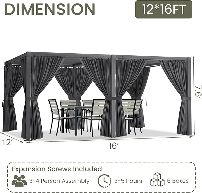 Louvered Pergola 12'x16' Outdoor Pergola with Roof, Heavy Duty Aluminum Frame & Waterproof Curtains, Hardtop Gazebo with Adjustable Louvers for Patio, Deck and Backyard, Gray
