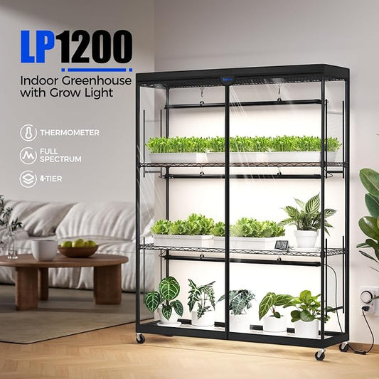 Barrina LP1200 Indoor Greenhouse with Grow Light, 4-Tier Plant Stand with 150W TX-S50 3.2FT 5000K, Full Spectrum Plant Shelf with Tent, Timer & Thermometer for Winter Seed Trays, 47.2 x 13.8 x 59.1IN