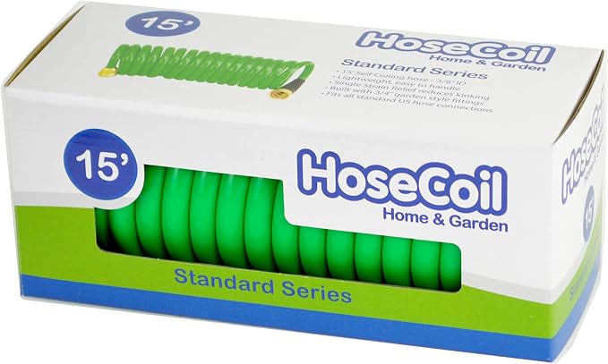 HoseCoil 3/8 inch ID Self Coiling Garden, RV, Marine Outdoor Water Hose (15' Green)