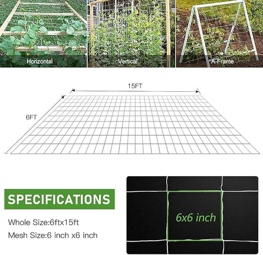 Trellis Netting, CANAGROW Heavy-Duty Garden Plant Trellis Netting for Climbing Plants, Outdoor Indoor Grow Net for Beans Tomatoes Peas Pumpkin Flowers, 6x15ft, Pack of 2