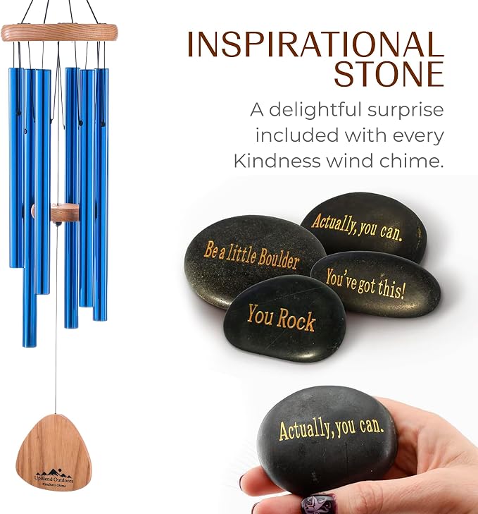 Blue Wind Chimes for Outside Deep Tone, 29 Inch Hand Tuned B Major Pentatonic Soprano Wind Chime with Decorative Kindness Stone, Outdoor Garden Patio Porch Decor, Meaningful Sympathy Memorial Gift