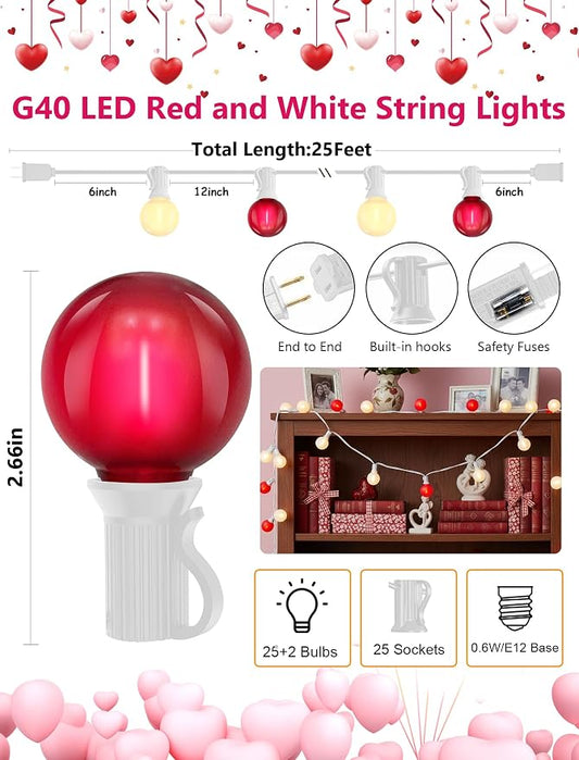 LED Valentine’s Day String Lights, 25Ft Valentines Decorations Outdoor | 25+2 G40 Round Bulbs, Connectable, Shatterproof Hanging Indoor Fairy Lights for Wedding Date Patio, Frosted Red White