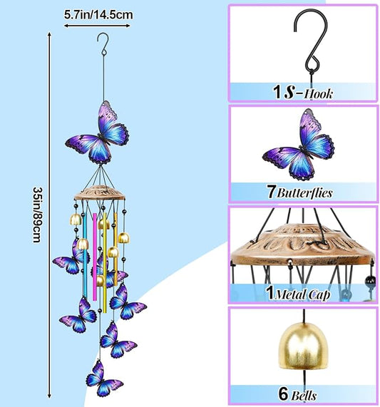 35" Wind Chimes for Outside, Hand-Tuned Aluminum Windchimes with 6 Bells & Butterfly Decor, Rustproof Metal Chimes for Garden Patio Porch, Sympathy Memorial Gift for Mom Women(Butterfly)