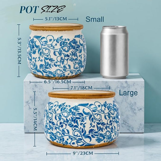 Vintage Ceramic Flower Pot - Indoor Outdoor Planters with Drainage Holes & Filter Screen, 6.5’’ Small Rustic Farmhouse Decorative Plant Pots for Garden/Patio/Balcony (Blue Vines, Small)