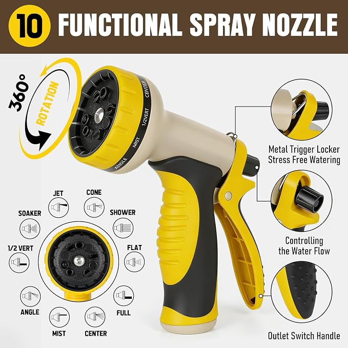 Garden Hose 50 ft x 5/8" with Nozzle, Water Hose Heavy Duty Flexible, Lightweight Kink-less Hybrid Hose with Swivel Handle, Male to Female Fittings